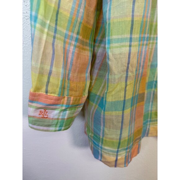 RALPH LAUREN Button Up Shirt Pastel Plaid Gauze Semi Sheer Roll Tab 2X - Picture 6 of 11